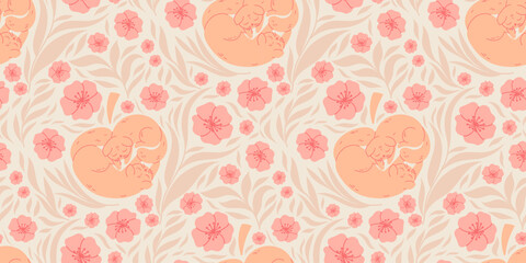 Seamless pattern with two cute cats, leaves and flowers in trendy peach color palette