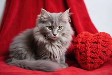 An adorable grey cat looking calmly at the camera, with a red knitted heart on a vibrant red background.
