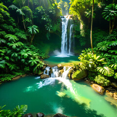 Fototapeta premium Lush green jungle waterfall cascades down moss-covered rocks into a refreshing pool