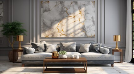 Elegant Living Room Interior With Marble Wall Art and Plush Sofa at Dusk