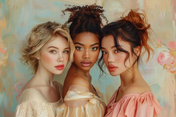 Three Diverse Women Showcasing Elegant Beauty and Hairstyles in a Pastel-Colored Studio