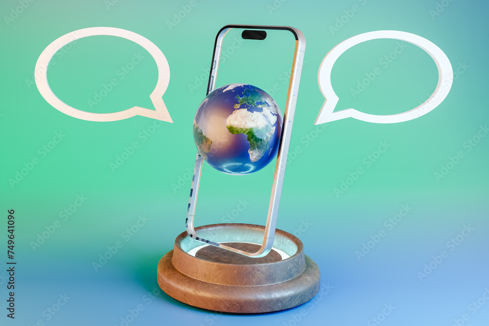 Aufkleber futuristic 3d render of globe inserted in smartphone frame with chat bubbles