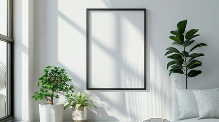 Fototapeta na wymiar Black picture frame, minimalist style, hanging on the white wall behind. Add simplicity but elegance to the space.