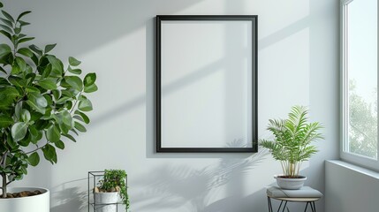 Black picture frame, minimalist style, hanging on the white wall behind. Add simplicity but elegance to the space.