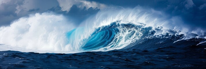 Powerful colossal ocean wave crashing under the vibrant blue sky in a dynamic side view perspective