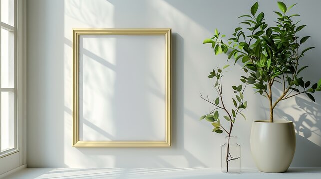 yellow photo frame Minimalist style hanging on the white wall behind. Add simplicity Very gentle but luxurious to the space.