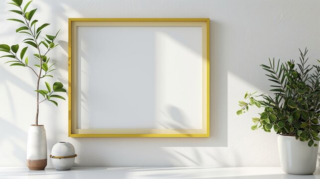 yellow photo frame Minimalist style hanging on the white wall behind. Add simplicity Very gentle but luxurious to the space.