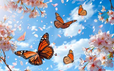 Butterflies butterfly flying in cherry blossoms on blue sky background. greeting card. presentation. advertisement. copy text space.