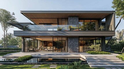 Fototapeta premium A large modern house with an expansive patio area for outdoor entertainment and relaxation.