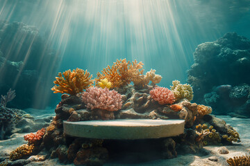 podium underwater themed coral reef background 