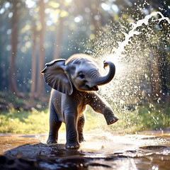Elephant in the park. A baby elephant clumsily spraying itself with water from its trunk. Generative AI.