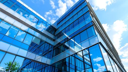 Modern office building with blue sky and glass facade, bottom up view