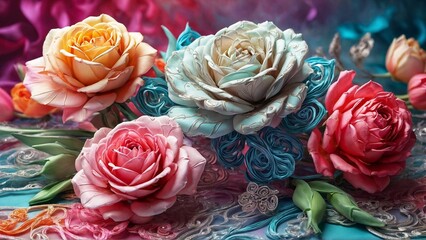 Postcard with illustration of filigree roses
