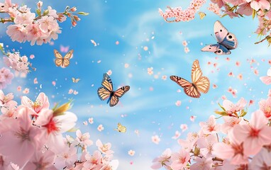 Butterflies butterfly flying in cherry blossoms on blue sky background. greeting card. presentation. advertisement. copy text space.