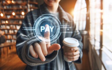 Modern people use holographic payment technology. generative ai art