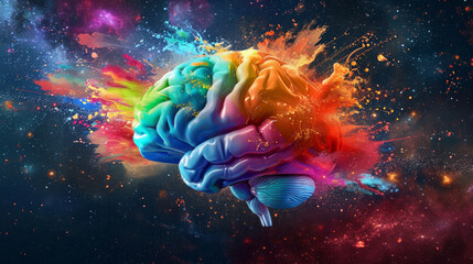 A vibrant, colorful brain floating in a cosmic space background, symbolizing creativity and brainstorming. Ai generative