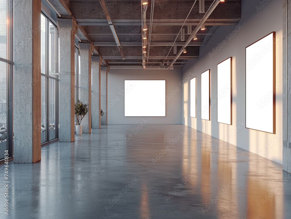 Aufkleber An interior gallery with empty frames on the walls for art display, with ample copy space on the canvas. Ai generative illustration