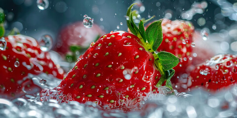 Closeup of Strawberry with falling water drops