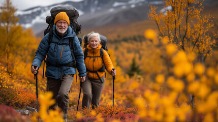 An elderly couple actively enjoying a walk in nature, showcasing a healthy outdoor lifestyle. Ai generative - obrazy, fototapety, plakaty