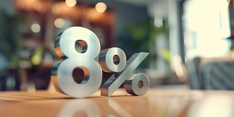 8% in metal letters on wooden desk, interest or profit percentage