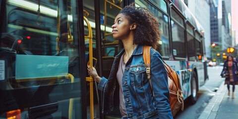 Young woman boarding the bus for public transportation on her commute