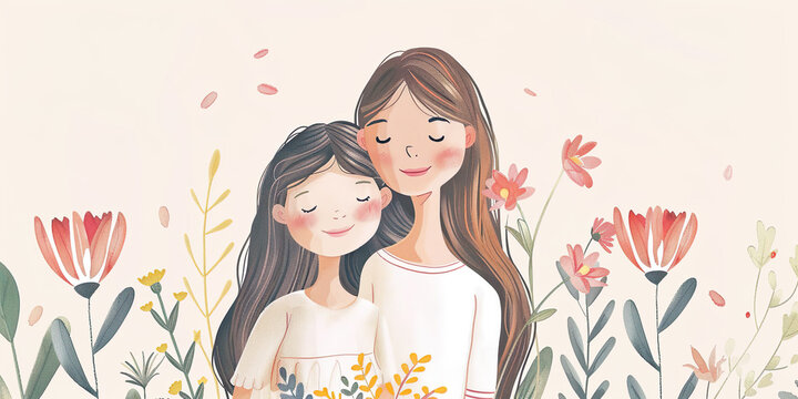 Representation of mother and daughter with flowers decoration, mother's day