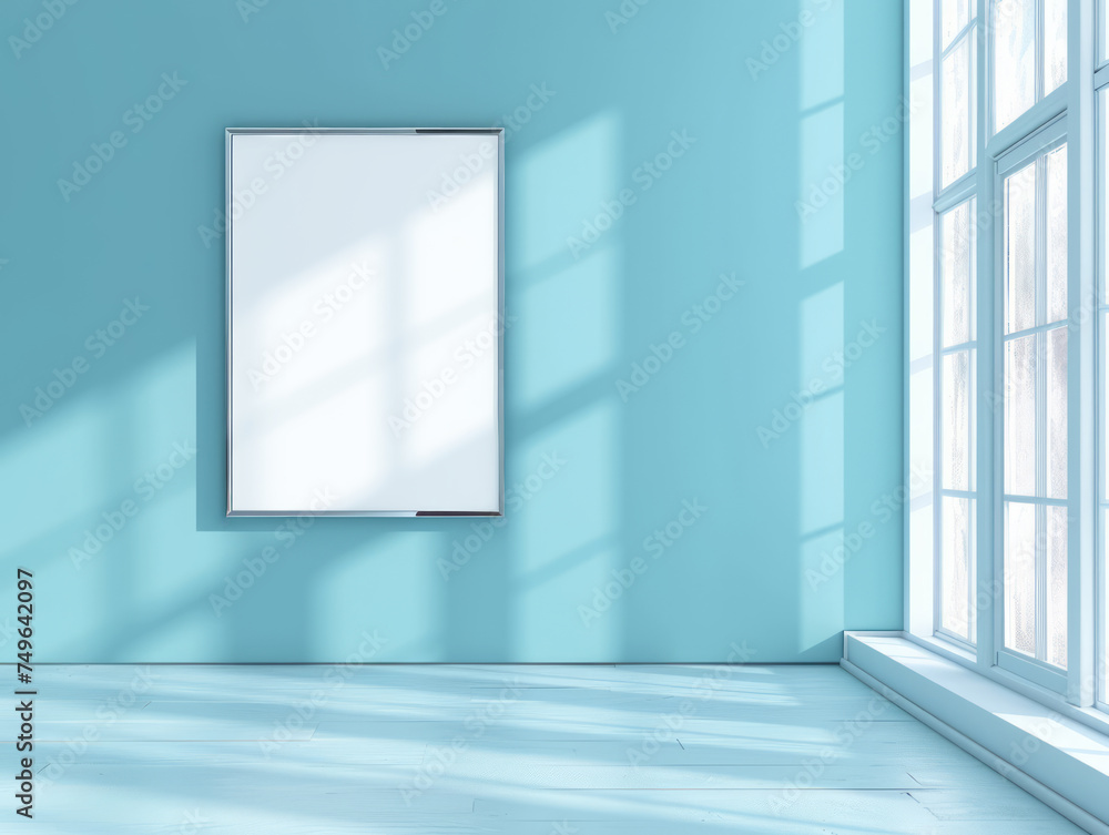 Aufkleber an empty poster on a wall with a window casting shadows in a room with blue hues. ai generative illu