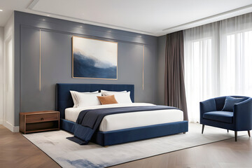 Horizontal photo of modern blue bedroom interior. Cozy blue and white bed with pillows, with Abstract painting frame wall art. Suitable as mock up or interior background.