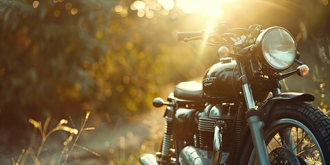 motorcycle in the park - golden light in a field with shrubbery in the background