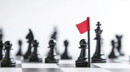 A pawn on a chessboard with a red flag, standing out among other chess pieces symbolizing leadership and success. Ai generative