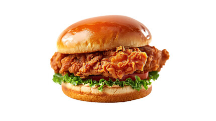 Chicken burger with crispy cutlet in breaded, cheese and vegetables isolated transparent background