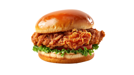 Chicken burger with crispy cutlet in breaded, cheese and vegetables isolated transparent background