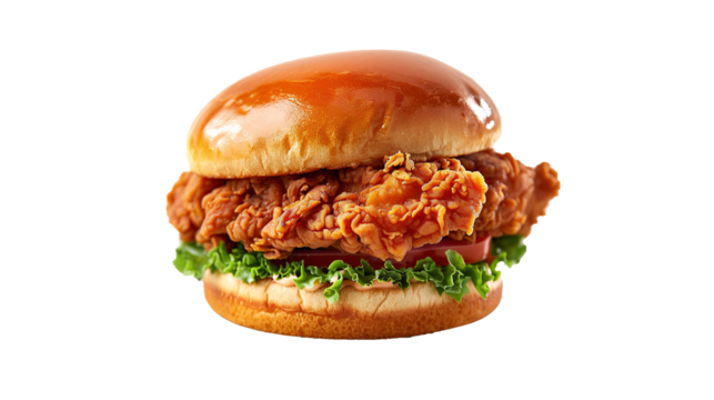 Chicken burger with crispy cutlet in breaded, cheese and vegetables isolated transparent background