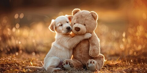Golden retriever puppy hugs a teddy bear in a grassy field - obrazy, fototapety, plakaty