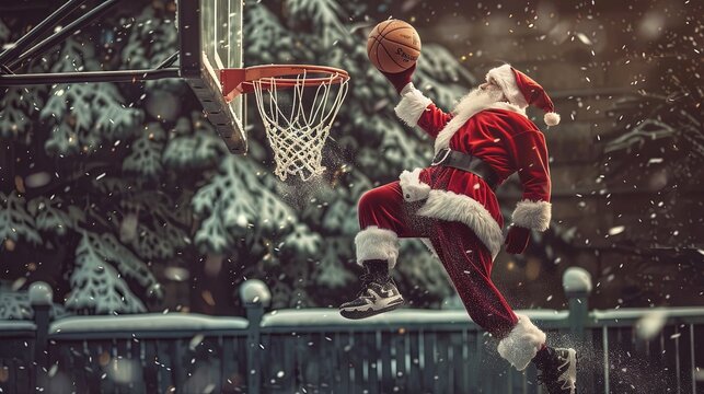 Santa Claus slam dunks a basketball while balling on the court during the Christmas holiday season