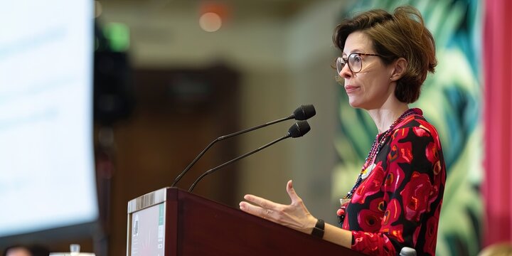 Thought leader giving a speech at a business conference - professional executive at a podium at a symposium to provide insights to the audience