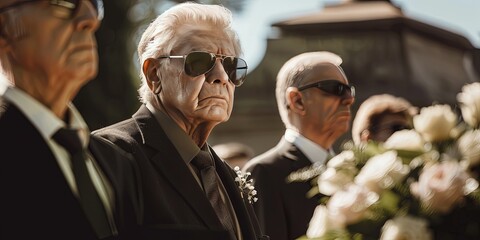 Pallbearer wearing sunglasses and a black suit and tie during funeral service