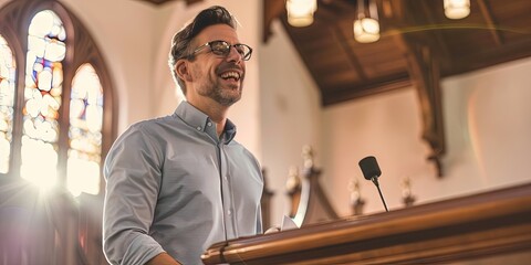 Preacher giving sermon during the Sunday service at church