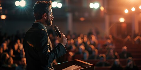 Preacher giving sermon during the Sunday service at church - obrazy, fototapety, plakaty