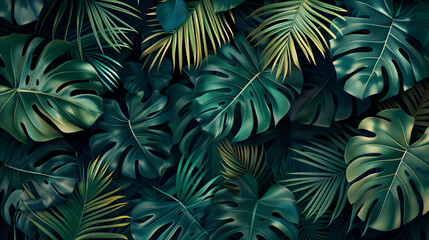 background of tropical leaves, monstera and palm leaf for background