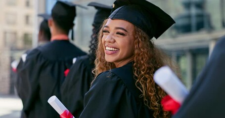 Smile, graduation and face of woman with students at university in line with diploma, degree or scroll. Happy, education and portrait of female person waiting with college certificate at school. - Powered by Adobe