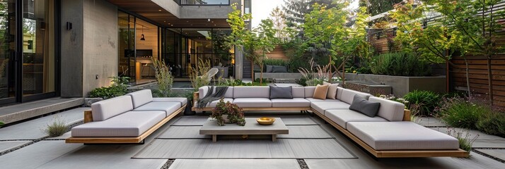 Modern backyard outdoors with patio furniture seating on stone deck