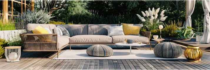 Foto op Plexiglas Modern backyard outdoors with patio furniture seating on stone deck © Brian