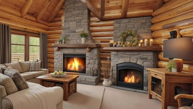 living room with fireplace seamless motion looping 4k animation video background