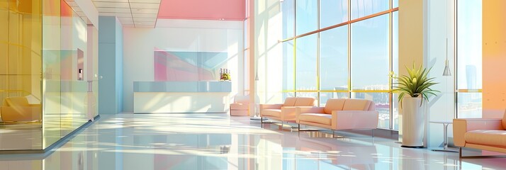 Pastel corporate office lobby concept with reception area and waiting room sitting - obrazy, fototapety, plakaty