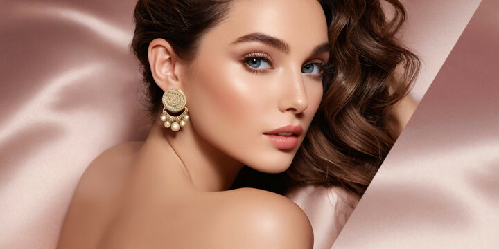 Beauty woman with perfect skin face for presentation of cosmetic products or luxury women's perfume. Advertisement elite cosmetics for women on rose gold fabric drape. 3D Illustration