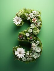 number 3 and white flowers on a green background. birthday invitation card. spring and holiday.