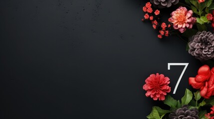 number 7 and flowers on a black background. birthday invitation card. spring and holiday.