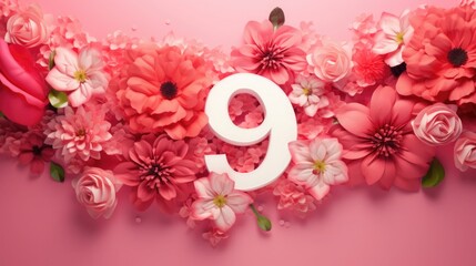 number 9 and orange flowers on a red, pink background. birthday invitation card. spring and holiday.