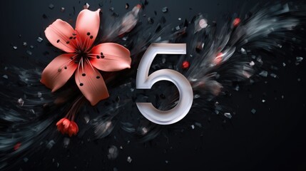 number 5 and flowers on a black background. birthday invitation card. spring and holiday.